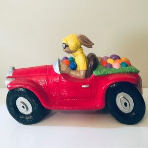 Hot Rod Easter Bunny Transporting Eggs Hand Painted Red Race Car Home Decor